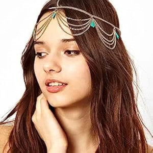 PH PandaHall Turquoise Head Chain, Unique Jewelry Headband Boho Tassel Chain Hair Band Party Headpiece Festival Prom Wedding Headband for Women Headp