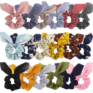 20 Pcs Chiffon Silk Scrunchies with Bows, Solid Color Stripe Floral Bow Ponytail Holders, Rabbit Bunny Ear Bowknot Hair Accessories