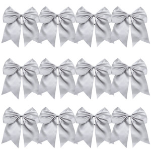 8 Inch Cheerleader Bows Ponytail Holder Solid Color Cheerleading Bows Hair Tie (Silver)
