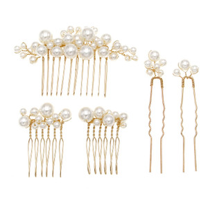 5 PCS Vintage Pearl Hair Combs and Pins Set for Brides, Bridesmaids, Flower Girls (Gold)