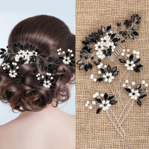 Yeshone 5 Pieces Wedding Hair Comb Bridal Pins Crystal Pearl Wedding Hair Accessories Rhinestone Flower Piece for Bride Bridesmaids Women(Black)