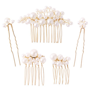 5PCS Pearl Hair Comb Set - Gold U-Shape Side Comb, Vintage Hair Clips, and Headpiece Accessories for Brides