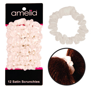 Amelia Beauty, White Satin Small Scrunchies, 12-Pack  No Damage Hair Ties for Women, Gentle & Durable Hair Accessories, 2.5in x 0.5in