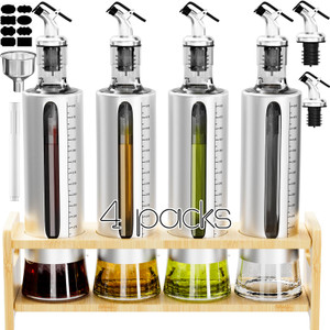 SINYWAY Oil Dispenser Bottle, 4 Pack Glass Olive Oil Dispenser Bottle with Shelf, 17oz/500 ml Oil and Vinegar Dispenser Set Wrapped in Stainless Stee