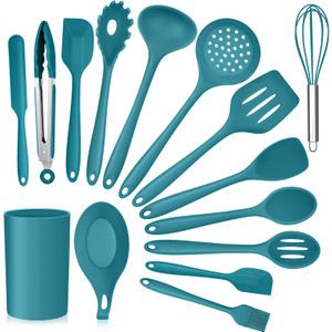 Teal Blue Kitchen Utensils Set, E-far 15-Piece Silicone Cooking Utensils with Holder, Non-stick Cookware Friendly & Heat Resistant, Includes Ladle Sp