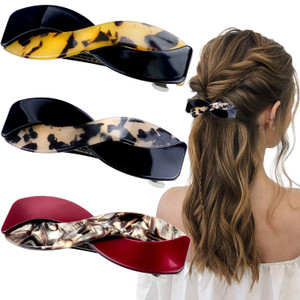 3 Pieces Hair Barrettes for Women, Medium Interweave Wider Hair Clips Hair Accessories for Thick Curly Fine Updo Hair (Leopard Print&Tortoise Shell&B