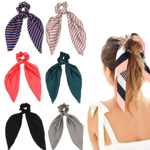 Silk Satin Hair Scrunchies, Hair Scarf with Flower Pattern, Stripe Printed Hair Bobbles for Ponytail Holder (6 Pcs Stripes & Solid Colors Silk)