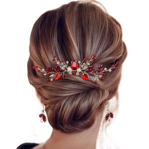 Bridal Crystal Hair Comb and Earrings Set Elegant Bride Wedding Hair Piece Accessories for Women Prom Party Photography (Wine Red)