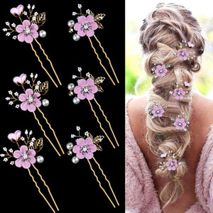 6 Pcs Bridal Flower Wedding Hair Pins Crystal Pearl Hair Pins Clips Headpiece Gold Wedding Hair Accessories Jewelry with Rhinestone for Brides Brides