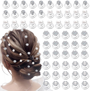 60 PCS 4 Shapes Gems Rhinestone Twister Hair Studs Set Diamond Spiral Pearl Flower Jewels Hair Pins Sticks for Wedding, Bridal, Prom, Party and Speci