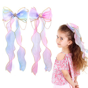2 PCS Rainbow Ribbon Hair Bows for Girls, Princess Bowknot Hair Barrettes, Colorful Bows Alligator Clips Hair Accessories