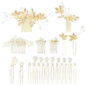 Cinaci 27 Pack Sparkly Glitter Gold Rhinestone Leaf Flower Bridal Metal Hair Side Combs+U-shaped Pearl Hair Pins Clips Barrettes Headpieces Wedding H