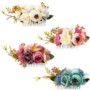 Cinaci 4 Pack Large Artificial Flower Metal Hair Side Combs Floral Slide Hair Clips Wedding Bridal Headpieces Hairpins Barrettes Decorative Hair Comb