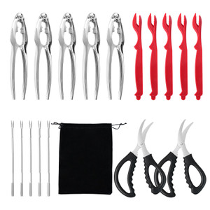 Crab Crackers and Tools,18-Pieces Seafood Tools Set Includes 5 Crab Crackers, 5 Lobster Shellers, 5 Crab Leg Forks/Picks and 2 Seafood Scissors & Sto