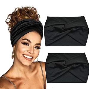 Hexchasty 2Pcs Turban Headbands for Women Thick Fashion Boho Stretchy Cute Extra Wide large Headbands Fabric Knotted Cloth Twisted Headband Head Wrap