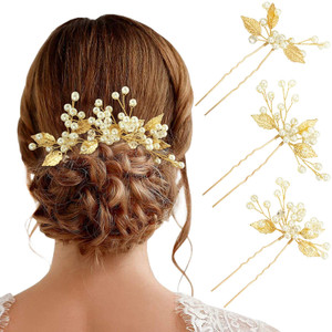PRETTYLIFE Pearl Wedding Hair Pins U-Shaped Gold Leaf Hair Accessories Head Pieces for Bride Women Girls Party, Set of 3