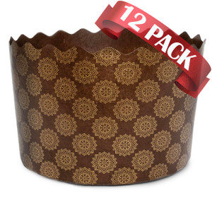 15 oz Panettone Paper Mold Standard | 12 Pack | Round Non Stick Panettone Paper Baking Molds Kulich Paska Pascha Brown Design