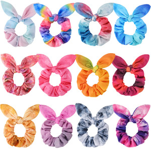 Bow Scrunchies for Hair, Funtopia 12 Pcs Cute Rabbit Bunny Ear Scrunchies, Fashion Colorful Tie Dye Scrunchy Hair Ties Bowknot Ponytail Holders for W