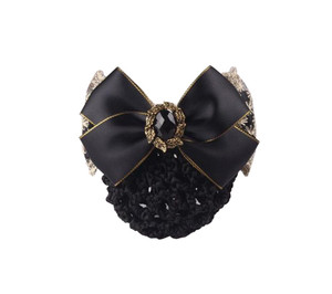 1PCS Lace Ribbon Bowknot Rhinestone Snood Net Elastic Hair Clip Barrette Bun Cover Black