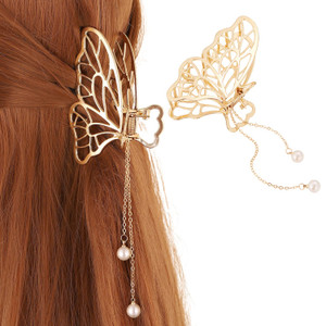 Gold Butterfly Hair Clips Tassel Hair Claw Clip with Pearl Design French Hair Barrettes Wedding Hair Accessories for Hair Styling Elegant Hairpin Hai