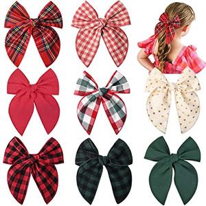 DEEKA 8 PCS Large Christmas Fable Hair Bows Cotton Linen Red and Black Plaid Hair Bow for Toddlers Girls Handmade Christmas Hair Accessories for Litt