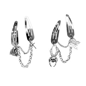 ZHOUMEIWENSP 2PCS Halloween Metal Skull Hair Clips Retro Cross Hairpin with Tassel Punk Clips Novelty Hair Style Making (Cross and Spider)