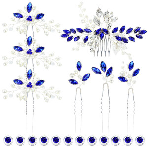 inSowni 7 Pieces Bridal Wedding Silver Pearl Flower Hair Side Combs U-shaped Hairpins & 12pcs Twist Blue Rhinestone Hair Pins Clips Headpieces Access