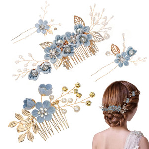 UHOMENY 4PCS Wedding Hair Pins, Bridal Pearl Hair Side Combs Set Floral Leaf Head Piece Hairdecor Accessories Rose Gold Rhinestone Handmade Bridesmai