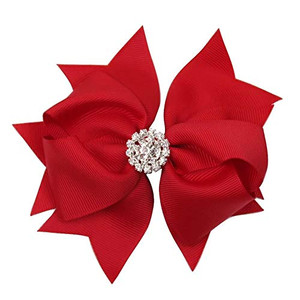 Bow Hair Clip with Rhinestone | 4 inch grosgrain | alligator clip (Holiday Red)