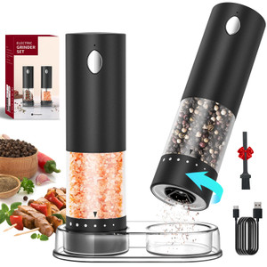 CIRCLE JOY Electric Salt and Pepper Grinder Set Rechargeable Salt and Pepper Mills with 6-Level External Adjustable Coarseness, White LED Light and S