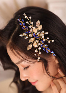 Kercisbeauty Royal Blue Crystal Gold Headpiece for Women Wedding Bridal Boho Jewelry Side Headband for Her Prom or Dancing Ball Hair Piece with Leaf