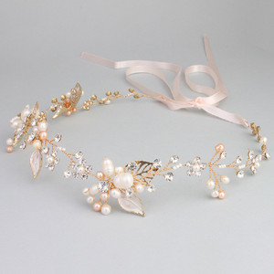 Oriamour Bridal Crystal Headband with Freshwater Pearls Flower Design Wedding Hair Accessories (Gold)