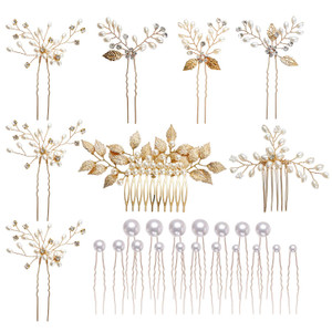 inSowni 26 Pack Gold Wedding Bridal Hair Side Combs+U Shaped Hair Pins Clips Barrettes Leaf Flower Rhinestone Pearl Hair Pieces Updo Accessories Jewe