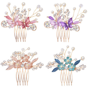 inSowni 4 Pack Gold Metal Glitter Rhinestones Pearls Decorative Butterfly Flower Wedding Bridal Hair Side Combs Slides Headpieces Hair Bun Chignon Up