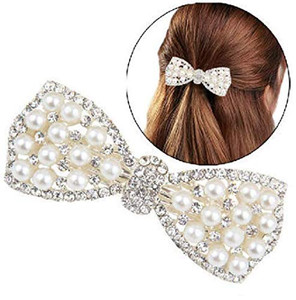 DNHCLL Pearl Bow Hairpin Set With Drill Water Drill Cross Pin Headdress Ponytail Clip for Womens(Silver)