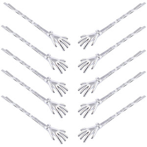 10Pcs Cute Spooky Skeleton Hands Bobby Pins 2.5" Halloween Hair Clips Women Girls Accessories, Silver