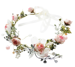Vivivalue Floral Halo Boho Flower Headband Floral Crown Headpiece Hair Wreath with Ribbon Wedding Party Prom Photos Festival Pink