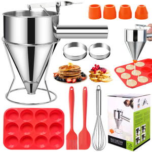 40oz Pancake Batter Dispenser, Stainless Steel Funnel Cake Dispenser with 4 Silicone Nozzles, 2 Muffin Rings, Silicone Muffin Pan, Brush, Scraper, Eg
