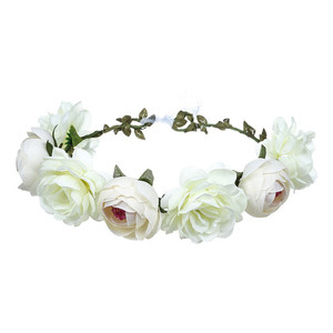 June Bloomy Women Rose Floral Crown Hair Wreath Leave Flower Headband with Adjustable Ribbon (White)