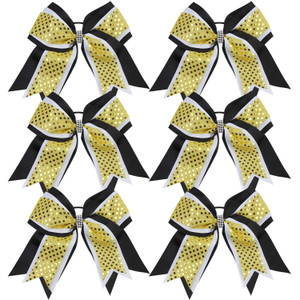 Cheerleader Bows 8 Inch 3 Layers 6 Pcs Ponytail Holder Jumbo Cheerleading Bows Hair Elastic Hair Tie for High School College (Black/White/Yellow)