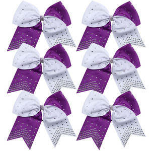 8 Inch 2 Colors Cheerleader Bows Ponytail Holder with Bling Fling Rhinestones Hair Tie Cheerleading Bows 6 Pcs (Purple/White)