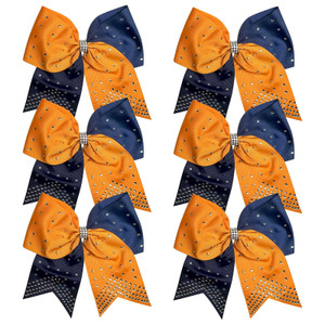 8 Inch 2 Colors Cheerleader Bows Ponytail Holder with Bling Fling Rhinestones Hair Tie Cheerleading Bows 6 Pcs (Orange/Navy Blue)