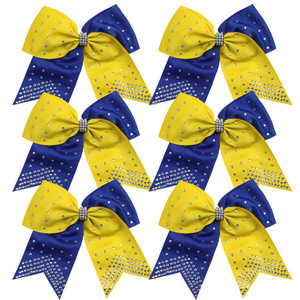 8 Inch 2 Colors Cheerleader Bows Ponytail Holder with Bling Fling Rhinestones Hair Tie Cheerleading Bows 6 Pcs (Royal Blue/Yellow)