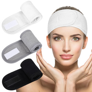 Whaline 3Pcs Spa Facial Headband White Black Grey Head Wrap Terry Cloth Waffle Adjustable Makeup Headband for Bath Sports Washing Face Shower