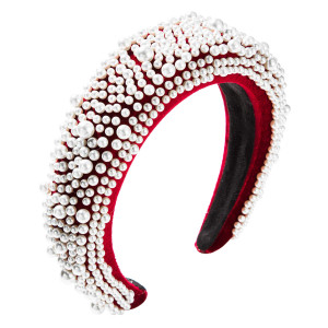 Women Beauty Velvet Padded Head Bands Fashion Imitation Pearl Embellished Hairbands Vintage Hair Bands Boho Wide Headpiece (Red)
