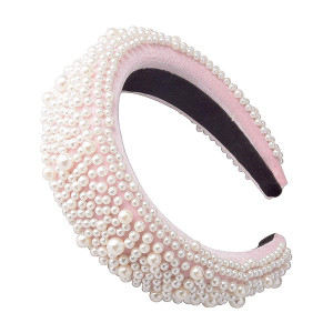 Women Beauty Velvet Padded Head Bands Fashion Imitation Pearl Embellished Hairbands Vintage Hair Bands Boho Wide Headpiece (Pink)