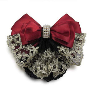 Lady Bow Hair Bun Net Snood Crochet Net Bun Hair Cover Hair Accessories Bowknot Decor Barrette Hair Clip Lace Flower Hair Accessories (Red)
