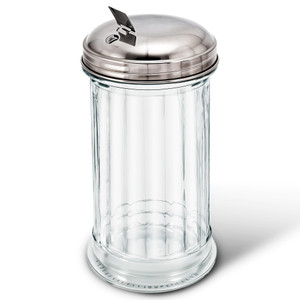 Stock Your Home Glass Sugar Dispenser- Fluted Sugar Pourer with Stainless Steel Self Closing Lid - Crystal Clear Sugar Shaker for Diners, Cafes, Bake