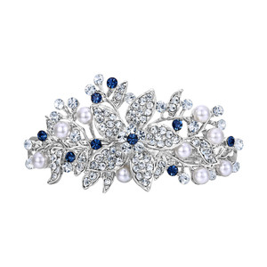 EVER FAITH Austrian Crystal Bridal Hibiscus Cream Simulated Pearl Hair Clip Barrette Blue Silver-Tone