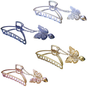 TANG SONG 4PCS Metal Hair Claw Clips with Butterfly and Heart Pendant Hair Catch Barrette Jaw Clamp for Women Half Bun Hairpins for Thin Hair(Silver+
